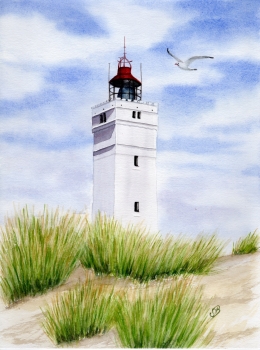 Postkarte DIN-A5 Aquarell Maritim Kunst Druck Kunstdruck Nordsee Dänemark Danmark  Blåvand Blavand Dünen  Leuchtturm